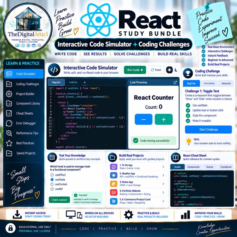 May include: A digital React study bundle featuring an interactive code simulator, coding challenges, and project builder. The interface displays code snippets, a live preview of a counter component, quiz questions, and a cheat sheet for React hooks.