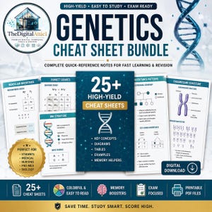 May include: A digital genetics cheat sheet bundle featuring over 25 high-yield study guides. The collection includes diagrams of DNA structure, Punnett squares, inheritance patterns, and chromosome structure, all presented in a clear, organized format.