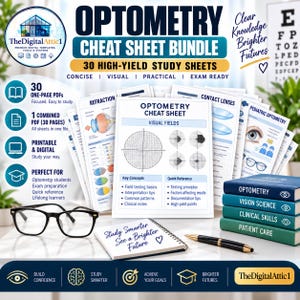 May include: An optometry cheat sheet bundle featuring 30 high-yield study sheets, a stack of printed educational PDFs, black-rimmed glasses, a black pen, and a notebook with the text Study Smarter See a Brighter Future written on the cover.