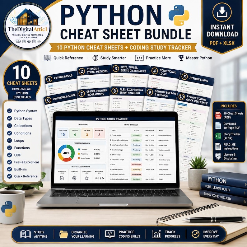 Python Cheat Sheet Bundle | Python Programming Study Guide | Coding Syntax Reference | Computer Science Student Notes afbeelding 1