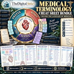 May include: A medical terminology cheat sheet bundle featuring a central circular diagram labelled Prefix, Root, and Suffix with a heart illustration. Includes multiple study sheets, flashcards, and practice questions for medical education.