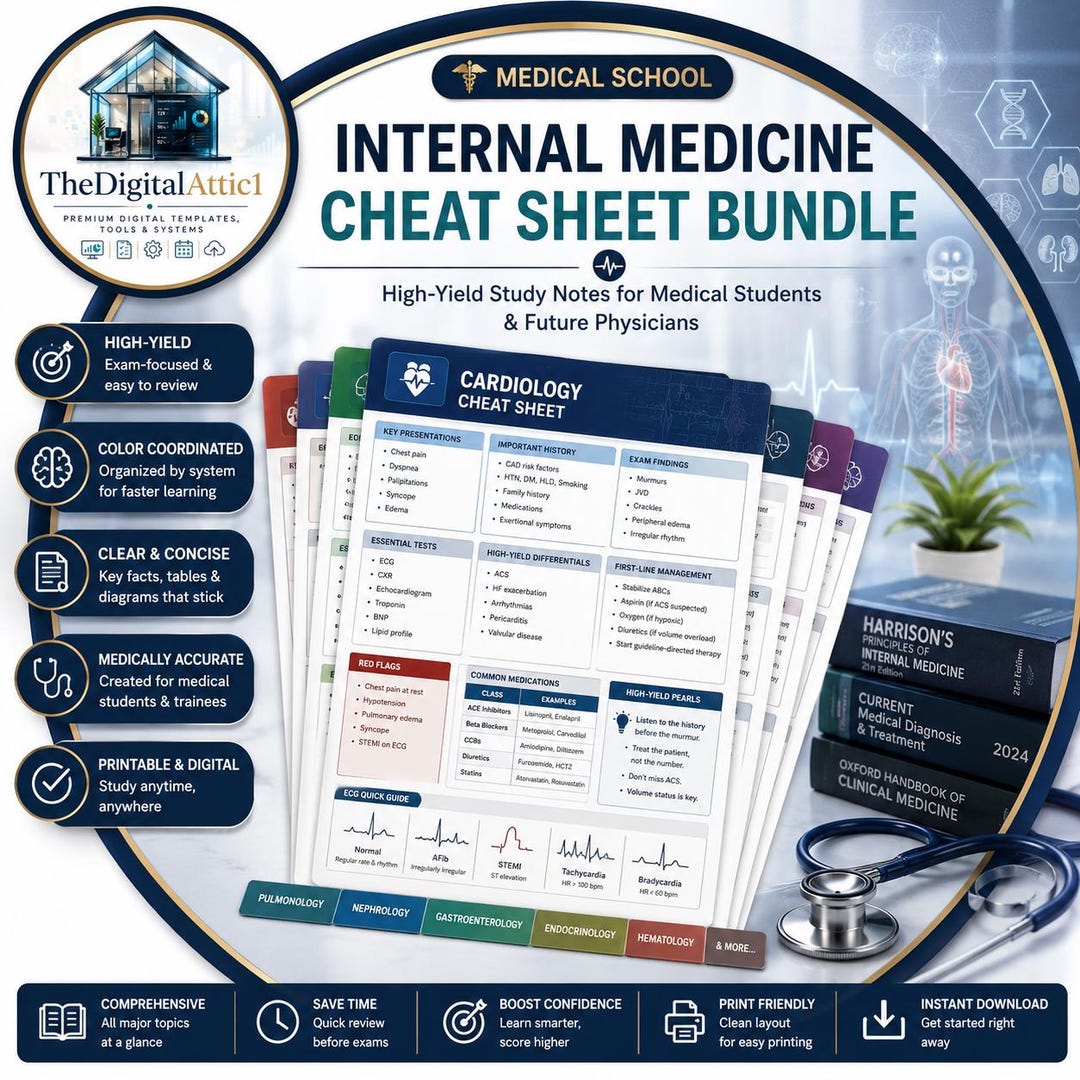 Internal Medicine Cheat Sheet Bundle | Medical Student Study Guide ...