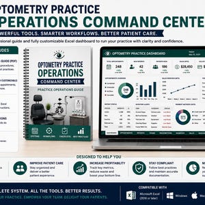 K&ouml;nnte beinhalten: Ein digitales Toolkit f&uuml;r das Betriebsmanagement einer Optometrie-Praxis, bestehend aus einem spiralgebundenen Leitfaden und einem Laptop, der ein umfassendes Excel-Dashboard mit Datenvisualisierungen, Terminverfolgung und Patientenmanagement-Metriken anzeigt.