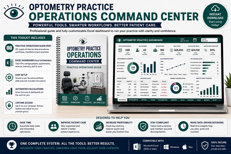 K&ouml;nnte beinhalten: Ein digitales Toolkit f&uuml;r das Betriebsmanagement einer Optometrie-Praxis, bestehend aus einem spiralgebundenen Leitfaden und einem Laptop, der ein umfassendes Excel-Dashboard mit Datenvisualisierungen, Terminverfolgung und Patientenmanagement-Metriken anzeigt.