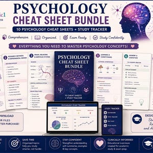 May include: A digital psychology cheat sheet bundle featuring ten educational guides and a study tracker. The set includes charts on research methods, brain structures, learning, memory, and disorders, displayed with a central dark blue cover.
