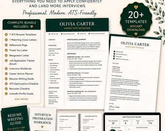 Paquete de currículum y carta de presentación, 7 plantillas de currículum para ATS, cuaderno de trabajo para entrevistas, registro de empleos, Canva, Word y Excel, descarga instantánea.