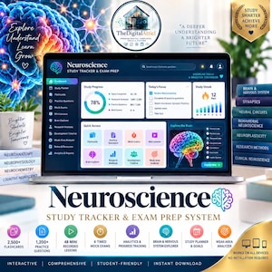 以下が含まれることがあります： ノートパソコンの画面には、Neuroscience Study Tracker and Exam Prepのダッシュボードが表示されており、進捗グラフ、学習統計、アイコンが含まれています。インターフェースにはStudy ProgressやBrain Explorerといったテキストと、カラフルな脳のグラフィックが表示されています。