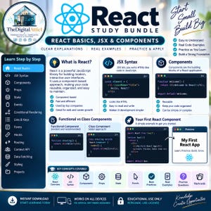 May include: A digital educational infographic titled React Study Bundle, featuring sections on React basics, JSX syntax, and components. It includes code snippets, explanatory text, and a sidebar menu listing topics like props, state, and hooks for web development.