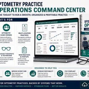 K&ouml;nnte beinhalten: Ein Optometry Practice Operations Command Center Toolkit mit einem digitalen Dashboard auf einem Laptop-Bildschirm, einem spiralgebundenen Betriebshandbuch und einer schwarz umrandeten Brille, das Kennzahlen f&uuml;r Augenarztpraxen anzeigt.