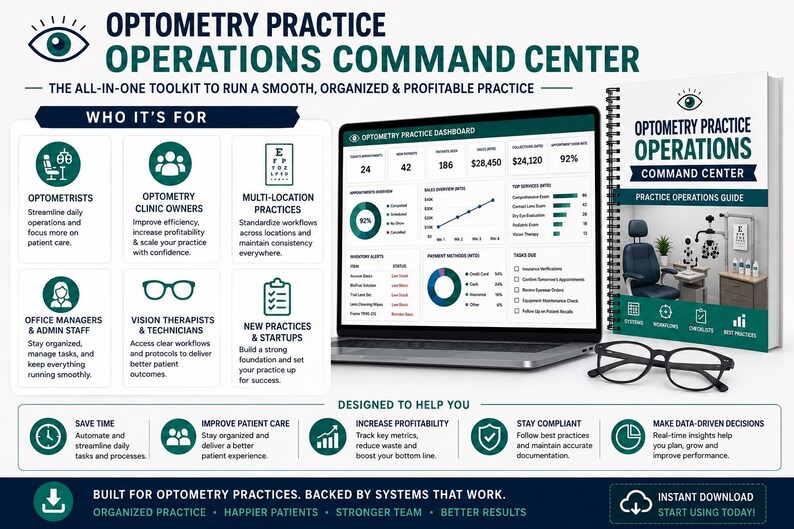 K&ouml;nnte beinhalten: Ein Optometry Practice Operations Command Center Toolkit mit einem digitalen Dashboard auf einem Laptop-Bildschirm, einem spiralgebundenen Betriebshandbuch und einer schwarz umrandeten Brille, das Kennzahlen f&uuml;r Augenarztpraxen anzeigt.