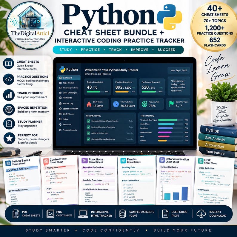 Python Cheat Sheet Bundle + Interactive Coding Practice Tracker imagem 1