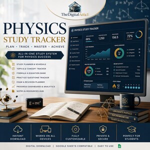 Puede incluir: Un rastreador de estudio de física digital en un monitor de computadora, con un panel que muestra gráficos de progreso, horas de estudio y temas. El conjunto incluye un cuaderno, un bolígrafo, una taza y libros titulados University Physics.