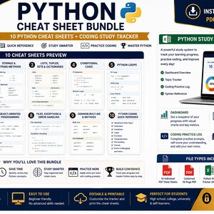 Python Cheat Sheet Bundle | Python Programming Study Guide | Coding Syntax Reference | Computer Science Student Notes afbeelding 3