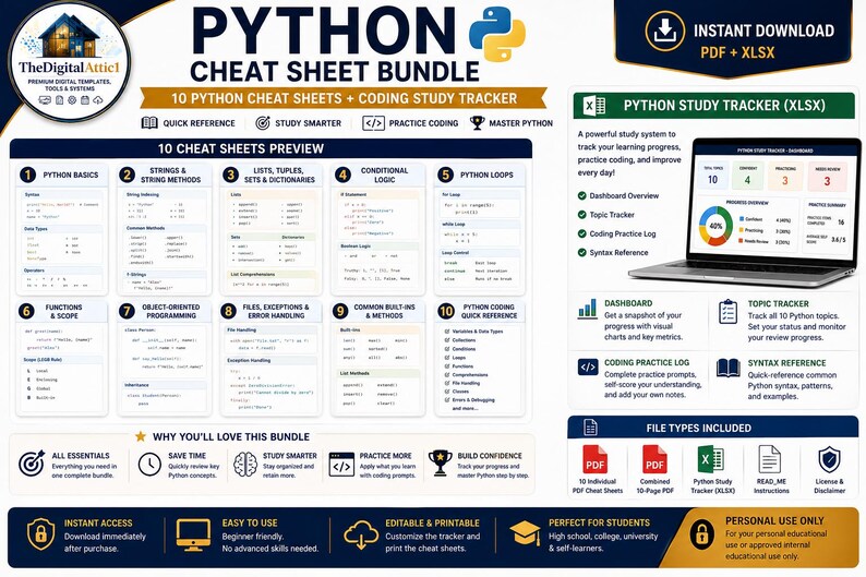 Python Cheat Sheet Bundle | Python Programming Study Guide | Coding Syntax Reference | Computer Science Student Notes afbeelding 3