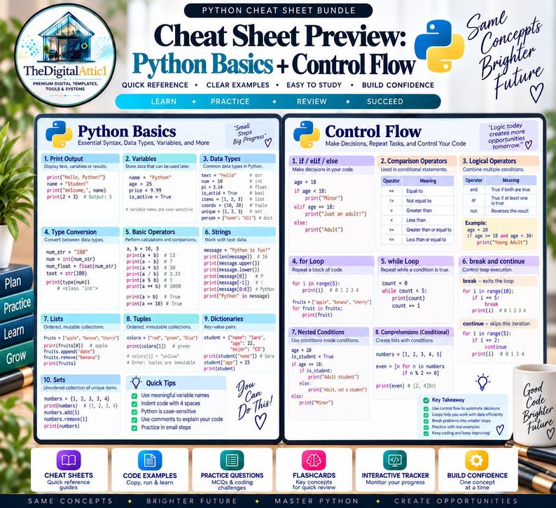 Python Cheat Sheet Bundle + Interactive Coding Practice Tracker imagem 16