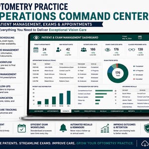 K&ouml;nnte beinhalten: Ein digitales Dashboard f&uuml;r ein Operations-Command-Center einer Optometrie-Praxis auf einem Laptop-Bildschirm. Die Benutzeroberfl&auml;che zeigt Metriken zur Patientenverwaltung, Terminplanung und Rezeptverfolgung mit dunkelgr&uuml;nem Text und Symbolen.