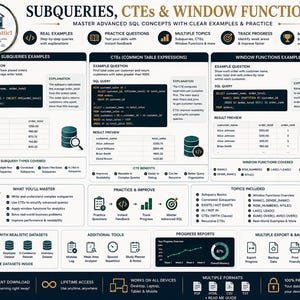 Pacchetto di fogli riassuntivi SQL + strumento di monitoraggio della pratica delle query / Guida allo studio SQL immagine 6