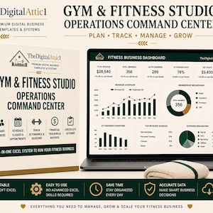 Può includere: Un modello digitale di centro operativo per palestre e studi di fitness visualizzato su uno schermo di un portatile e uno smartphone, con una scatola recante il testo Gym & Fitness Studio Operations Command Center, un kettlebell e una borraccia.