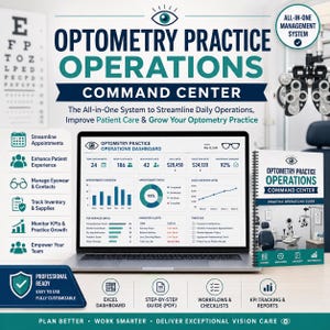 K&ouml;nnte beinhalten: Ein digitales Optometry Practice Operations Command Center Dashboard auf einem Laptop-Bildschirm, begleitet von einem spiralgebundenen Handbuch. Die Benutzeroberfl&auml;che zeigt Datendiagramme, Terminmetriken, Verkaufs&uuml;bersichten und Bestandsmeldungen.