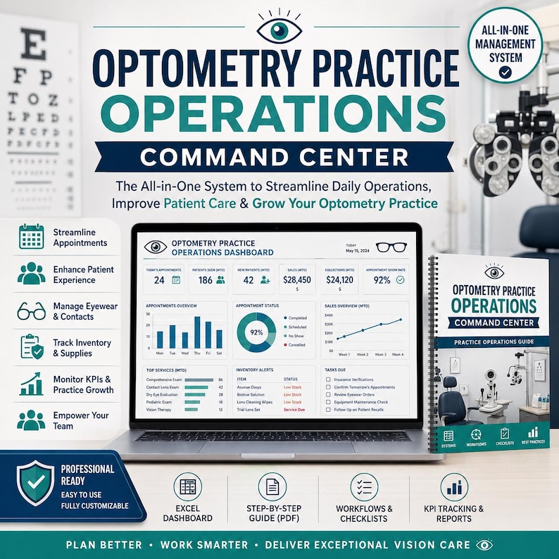 K&ouml;nnte beinhalten: Ein digitales Optometry Practice Operations Command Center Dashboard auf einem Laptop-Bildschirm, begleitet von einem spiralgebundenen Handbuch. Die Benutzeroberfl&auml;che zeigt Datendiagramme, Terminmetriken, Verkaufs&uuml;bersichten und Bestandsmeldungen.