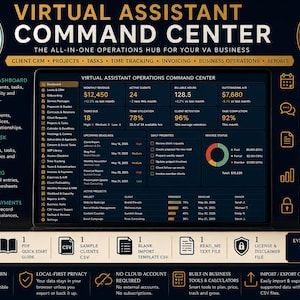 May include: A Virtual Assistant Command Centre digital dashboard displayed on a screen, featuring sections for client CRM, project management, time tracking, and invoicing. The interface includes data charts, task lists, and business metrics.