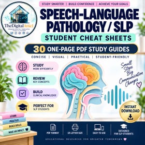 May include: A digital educational resource set titled Speech-Language Pathology / SLP Student Cheat Sheets featuring 30 one-page PDF study guides. The graphic includes a stylized human head profile with a colorful brain and sound wave icon.