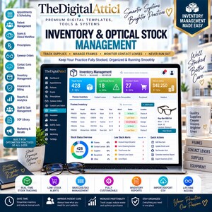May include: A digital inventory and optical stock management system displayed on a laptop screen. The dashboard shows data for frames, contact lenses, and supplies, including stock levels, reorder alerts, and a stock status overview chart.