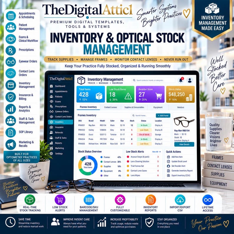 May include: A digital inventory and optical stock management system displayed on a laptop screen. The dashboard shows data for frames, contact lenses, and supplies, including stock levels, reorder alerts, and a stock status overview chart.