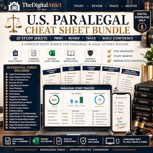 May include: A digital U.S. Paralegal Cheat Sheet bundle featuring 20 study sheets, a study tracker, and legal topic summaries. The display shows a laptop with a progress dashboard, a mobile phone with a study plan, and a wooden gavel on a desk.