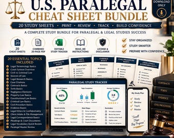 May include: A digital U.S. Paralegal Cheat Sheet bundle featuring 20 study sheets, a study tracker, and legal topic summaries. The display shows a laptop with a progress dashboard, a mobile phone with a study plan, and a wooden gavel on a desk.