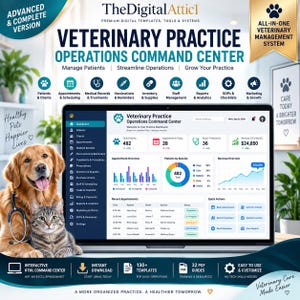 May include: A digital veterinary practice operations command centre dashboard displayed on a laptop screen, featuring patient management, appointment scheduling, and analytics. A golden retriever and a tabby cat are positioned to the left.