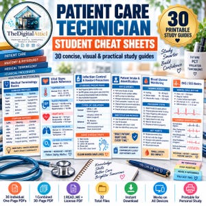 May include: A set of 30 printable patient care technician student cheat sheets featuring medical terminology, vital signs, infection control, patient intake, blood glucose monitoring, and EKG basics, displayed with a blue stethoscope and pen.
