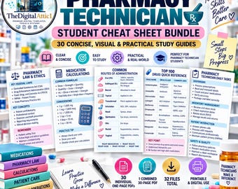 Może przedstawiać: Zestaw ściąg dla studentów techniki farmaceutycznej zawierający 30 przewodników. Grafika zawiera tekst, w tym Pharmacy Technician Student Cheat Sheet Bundle, 30 Concise, Visual & Practical Study Guides oraz różne tematy farmaceutyczne.