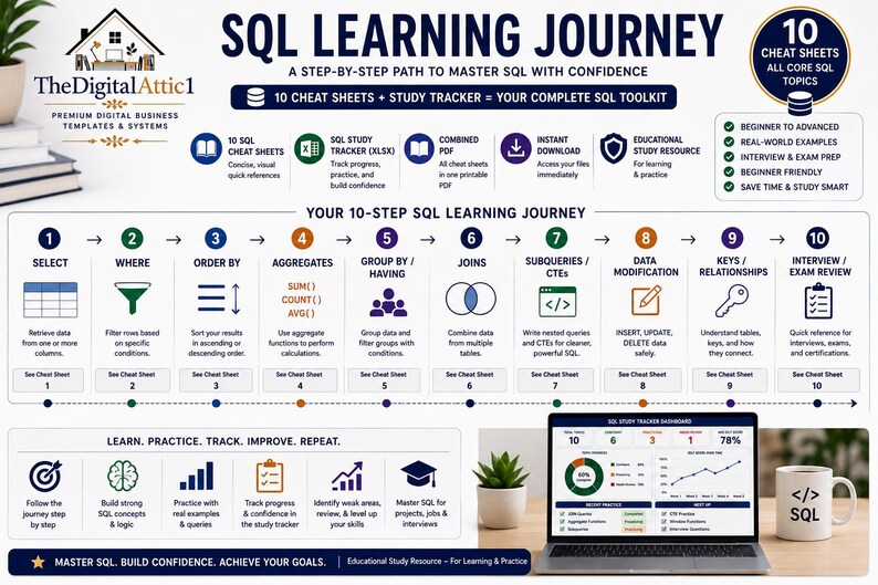 SQL Cheat Sheet Bundle | SQL Study Guide | Database Queries JOINs CTEs | Data Analyst Computer Science Student Notes image 8