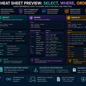 Pacchetto di fogli riassuntivi SQL + strumento di monitoraggio della pratica delle query / Guida allo studio SQL immagine 12