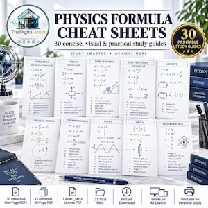 May include: A collection of 30 printable physics formula cheat sheets featuring white cards with black text and diagrams for topics like kinematics, forces, work, energy, electrostatics, circuits, circular motion, thermodynamics, waves, optics, and modern physics.
