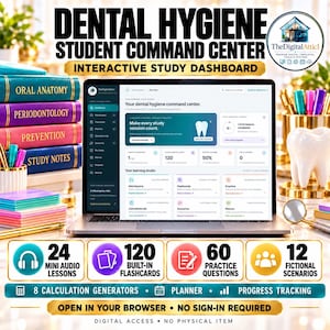 May include: A digital dental hygiene student command center dashboard displayed on a laptop screen, surrounded by a stack of colorful books labeled Oral Anatomy, Periodontology, Prevention, and Study Notes, plus a tooth-shaped desk accessory.