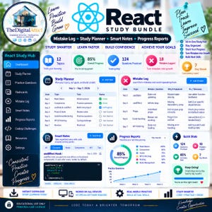 May include: A digital React study bundle dashboard featuring a sidebar navigation, study planner, mistake log, smart notes, and progress reports. The interface includes progress bars, charts, and code snippets for tracking learning goals.