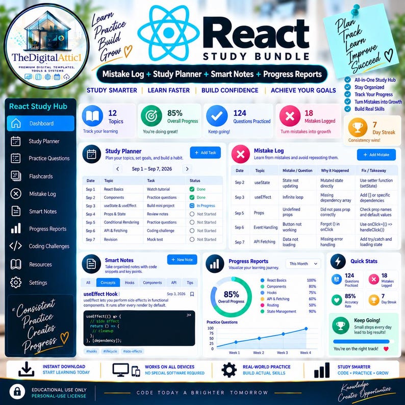 May include: A digital React study bundle dashboard featuring a sidebar navigation, study planner, mistake log, smart notes, and progress reports. The interface includes progress bars, charts, and code snippets for tracking learning goals.