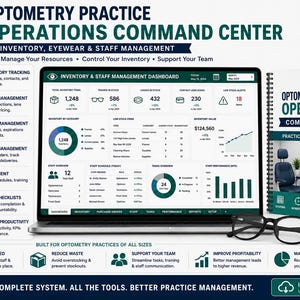 K&ouml;nnte beinhalten: Ein digitales Dashboard f&uuml;r das Betriebsmanagement einer Optometrie-Praxis auf einem Laptop-Bildschirm, begleitet von einem spiralgebundenen Betriebshandbuch und einer schwarzen Brille, das Bestands- und Leistungsdaten anzeigt.