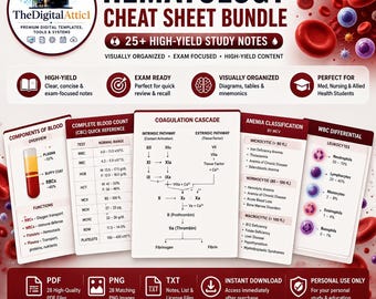 Paquete de resúmenes de hematología / Guía de estudio sobre células sanguíneas, anemia, hemograma completo y coagulación / Apuntes para exámenes de medicina y enfermería