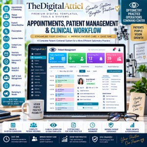 May include: A digital optometry practice management system displayed on a laptop screen, featuring appointment scheduling, patient records, and clinical workflow tools. A white mug with the text Vision People Practice Possibilities sits nearby.