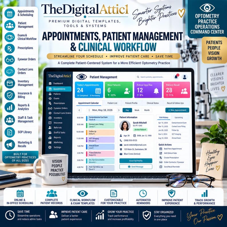 May include: A digital optometry practice management system displayed on a laptop screen, featuring appointment scheduling, patient records, and clinical workflow tools. A white mug with the text Vision People Practice Possibilities sits nearby.