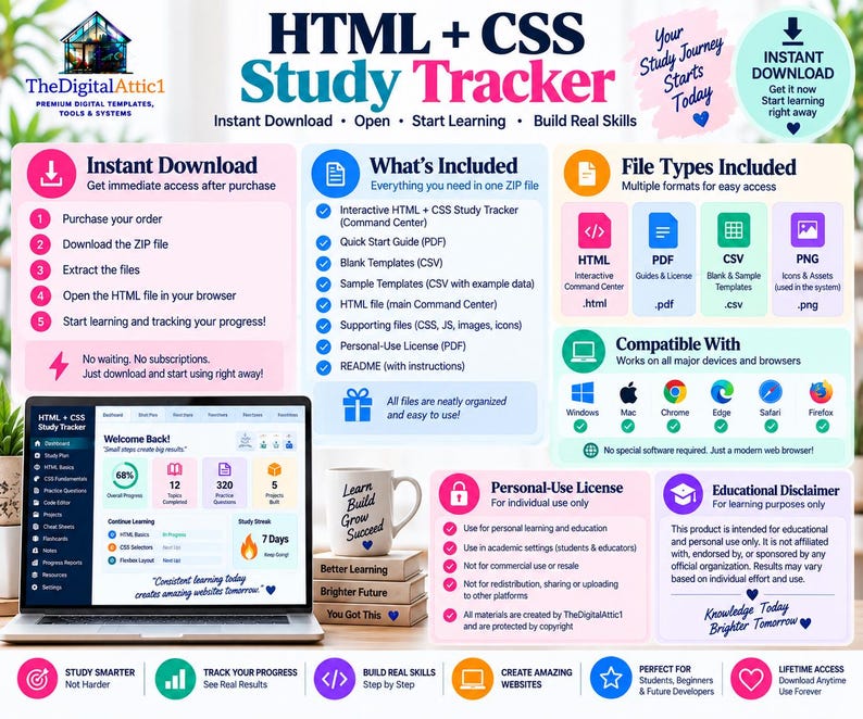 HTML + CSS Cheat Sheet Bundle + Interactive Web Design Practice Tracker image 20