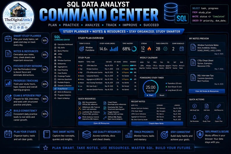 SQLデータアナリストコマンドセンター | SQL学習プランナー、クエリ練習、ポートフォリオプロジェクト＆面接トラッカー | インタラクティブHTMLダッシュボード 画像 10