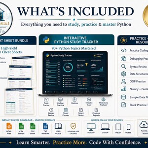 Python Cheat Sheet Bundle + Interactive Coding Practice Tracker imagem 2