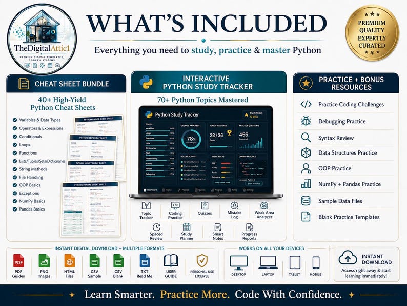 Python Cheat Sheet Bundle + Interactive Coding Practice Tracker imagem 2