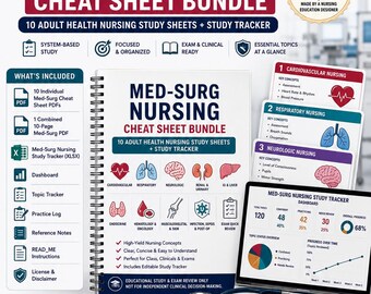 Med Surg Nursing Cheat Sheet Bundle | Nursing Student Study Guide | Cardiac Respiratory Renal Endocrine Notes | Exam Review
