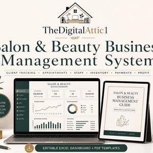 May include: A digital business management system for salons and beauty businesses, featuring a laptop displaying a dashboard with charts and a tablet showing a management guide. Includes text labels for client tracking, appointments, staff, and inventory.