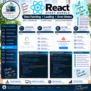 May include: A React Study Bundle educational infographic featuring sections on data fetching, loading, and error states. It includes code examples for useEffect and custom hooks, user interface mockups, and a list of topics covered for web development.